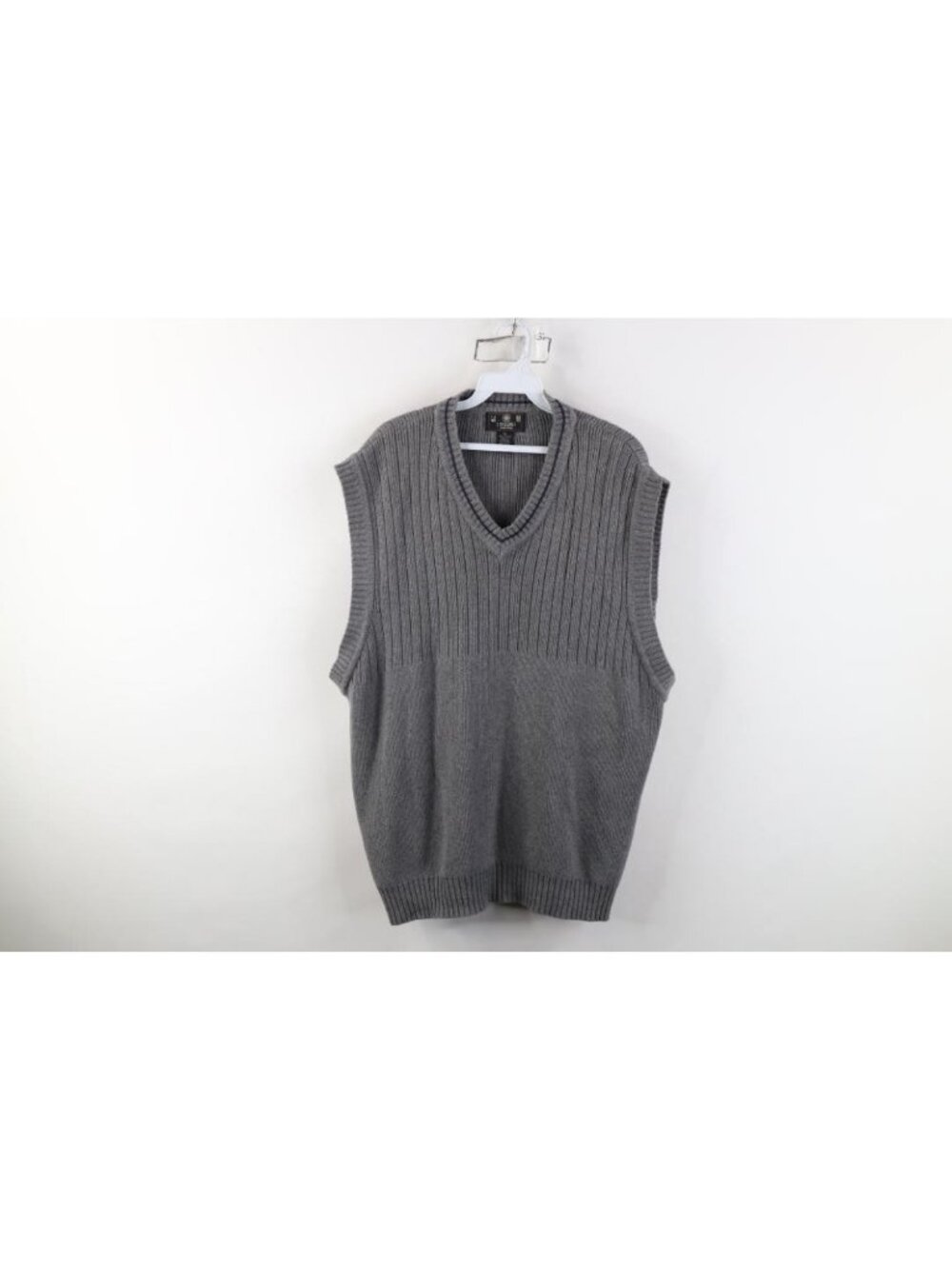 Vintage 90s Streetwear Mens XL Blank Cotton Ribbed Knit V-Neck Sweater Vest Gray